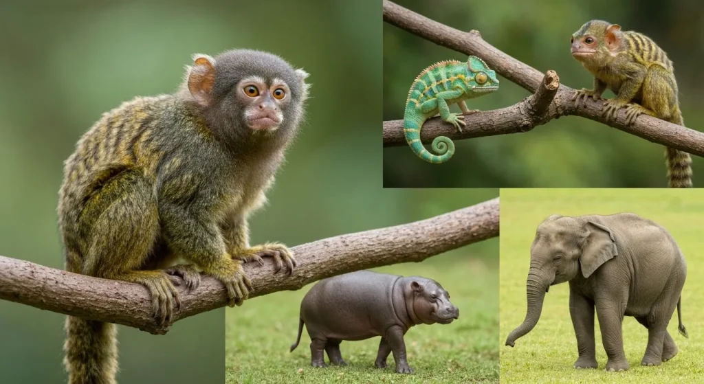 Diverse animale pitice din întreaga lume, prezentate individual, evidențiind dimensiunea lor mică în comparație cu speciile lor înrudite.