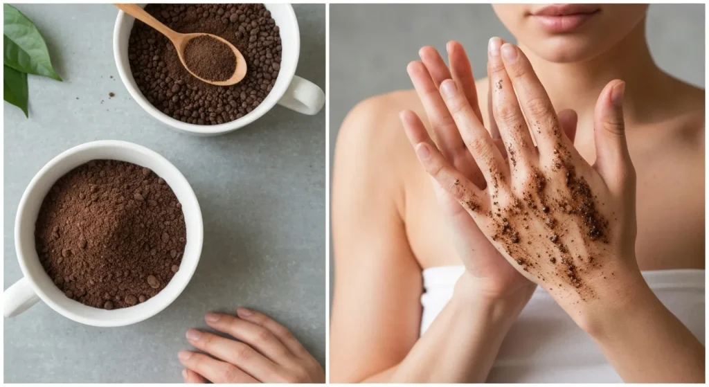 Un prim-plan al mâinilor care aplică un scrub corporal din zaț de cafea, ulei de cocos și zahăr brun pe piele.