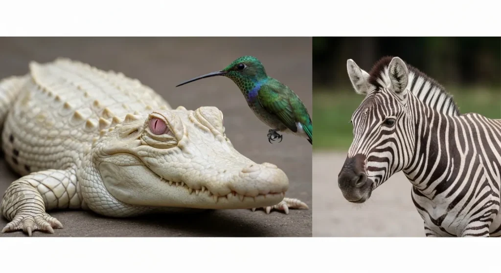 Animale albino diverse, inclusiv aligator, colibri, zebră și altele, cu blană, pene sau solzi albi și ochi roz sau roșii.