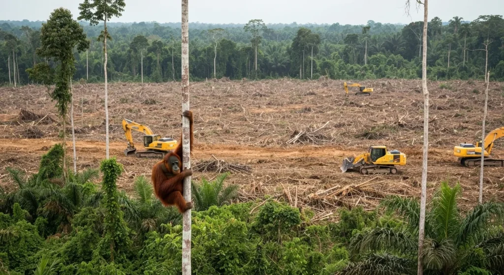 Un orangutan se agață de un copac într-o pădure tropicală defrișată pentru plantații de palmier.