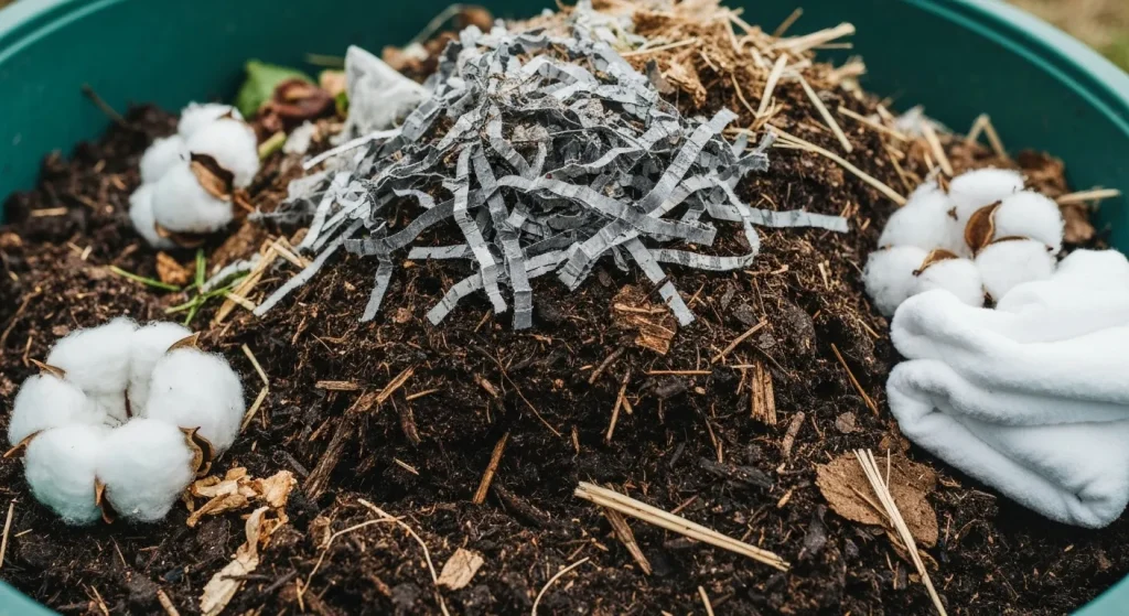 Un recipient de compost cu diverse materiale organice, inclusiv ziare mărunțite, coji de ouă zdrobite, țesături din bumbac și resturi de mâncare.
