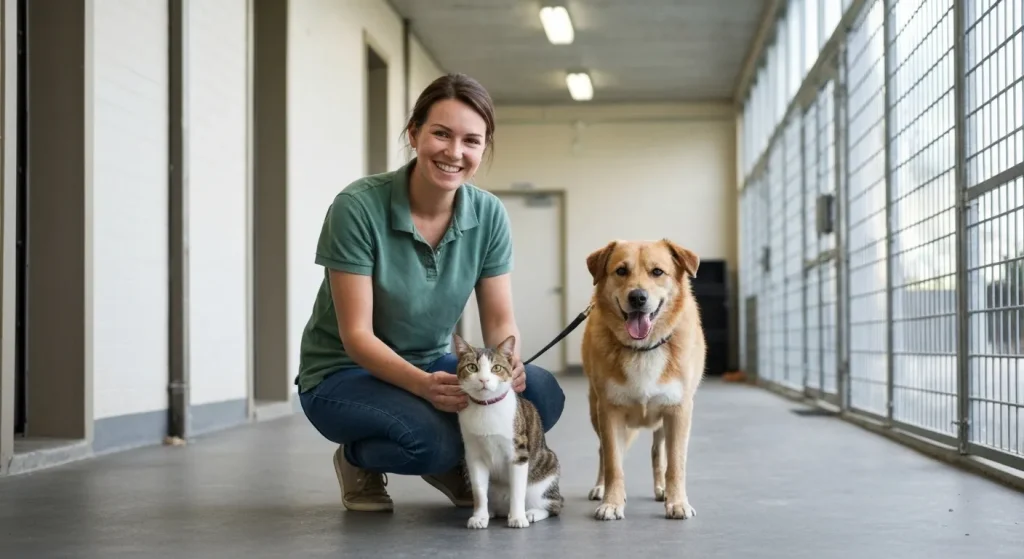 Voluntari plimbă câini și mângâie pisici într-un adăpost de animale.