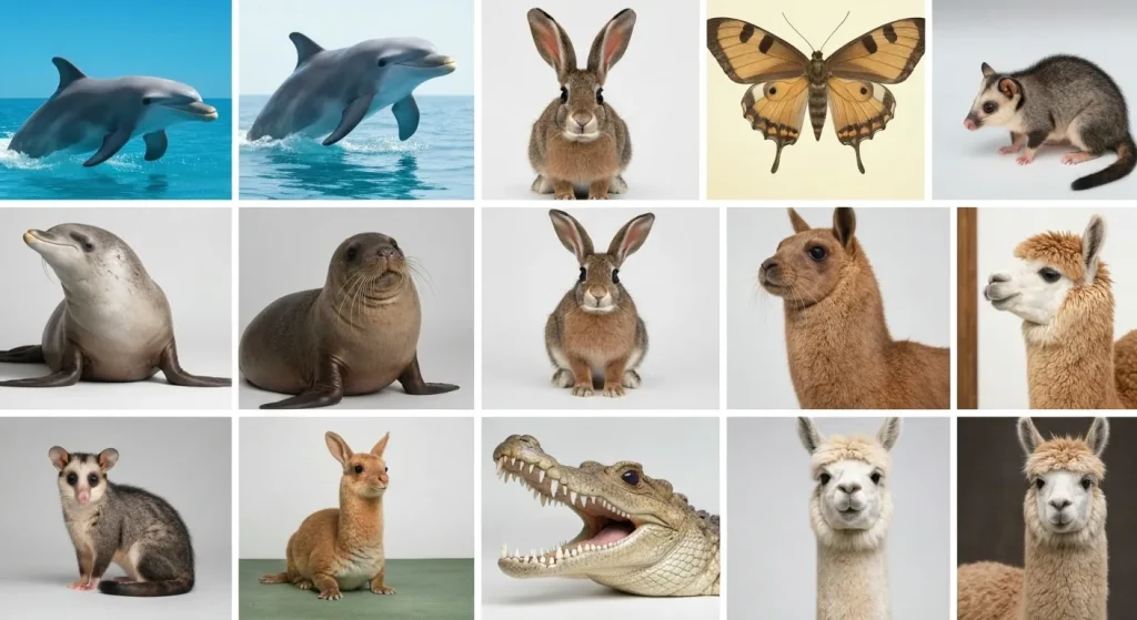 Imagini comparând perechi de animale asemănătoare, evidențiind diferențele fizice.