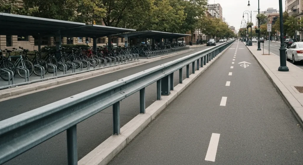 O stradă urbană cu o pistă de biciclete separată și protejată de traficul auto, precum și structuri de parcare securizate pentru biciclete.