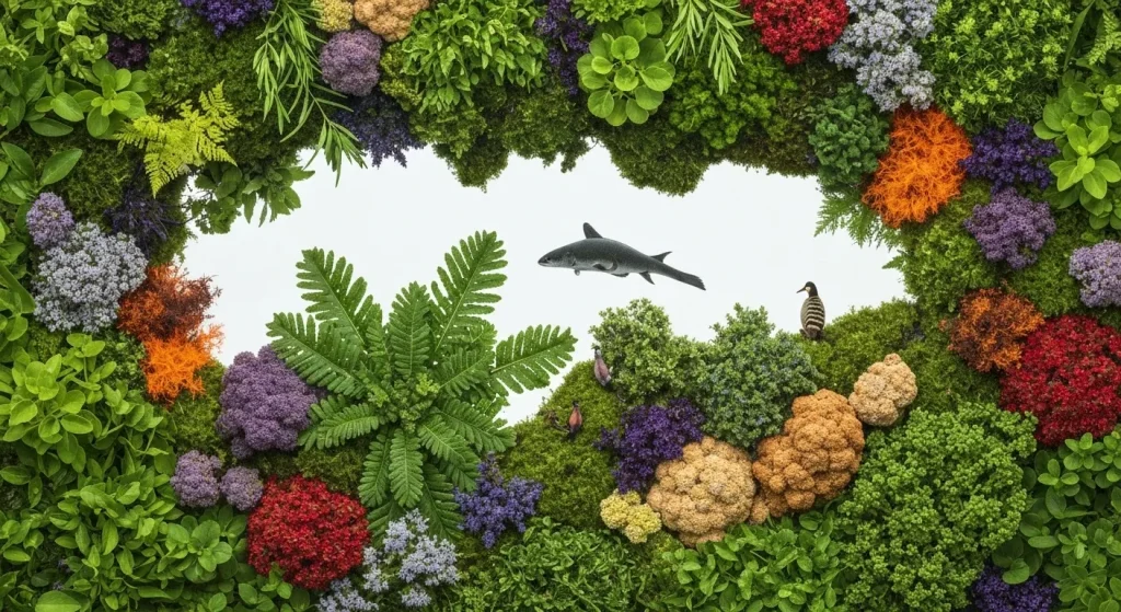Trei tipuri de biodiversitate: genetică, a speciilor și a ecosistemelor, ilustrate cu un exemplu de ecosistem bogat în specii.