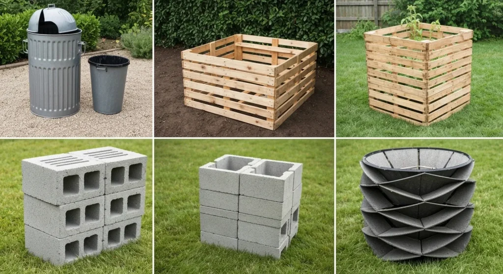 Patru modele diferite de compostere construite manual din materiale reciclate: coș de gunoi, paleți de lemn, blocuri de beton și butoi rotativ.