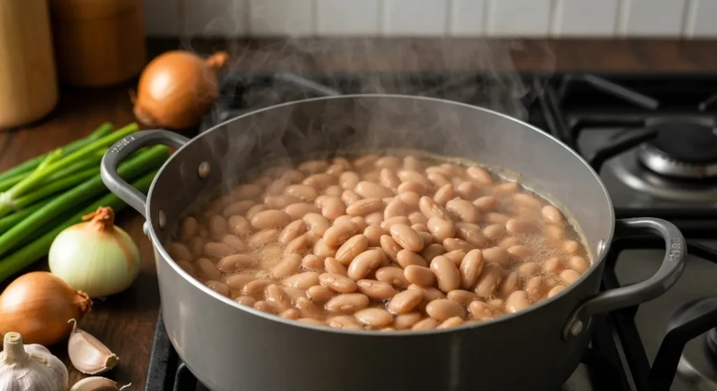 O oală cu fasole în curs de fierbere pe aragaz, cu legume aromate în jur.