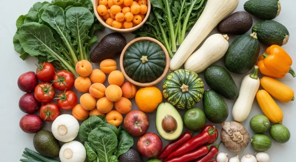 O selecție variată de fructe și legume proaspete, colorate și sănătoase.