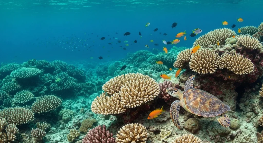 Recif de corali în Golful Mexic, cu pești tropicali și o țestoasă marină.