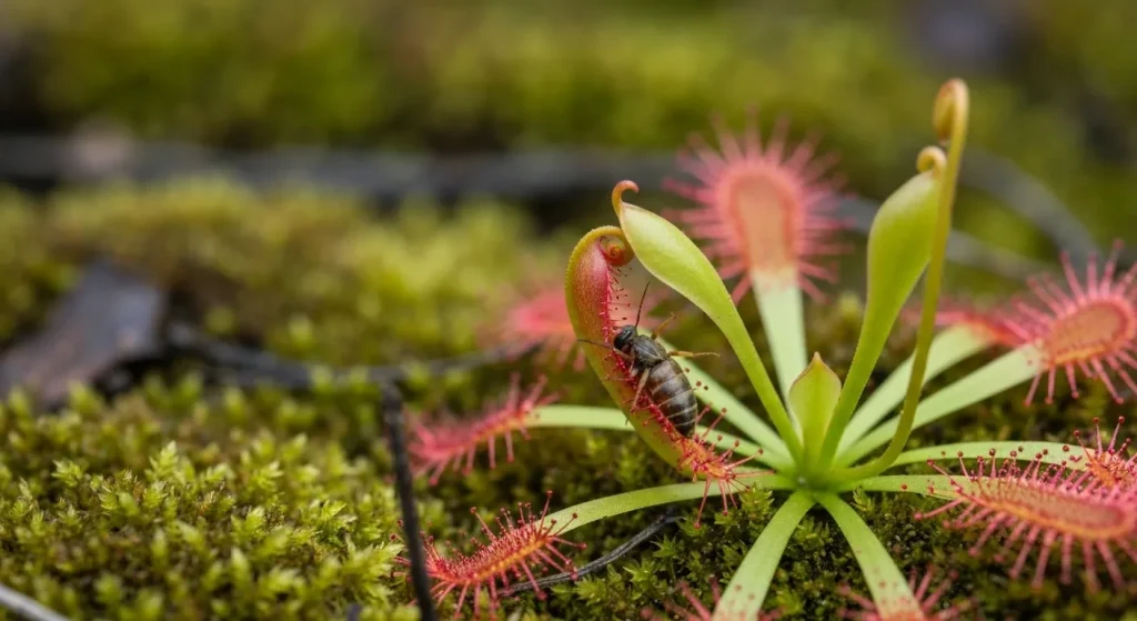 O plantă carnivoră Drosera rotundifolia, cu frunze roșiatice curbate în jurul unei insecte prinse.