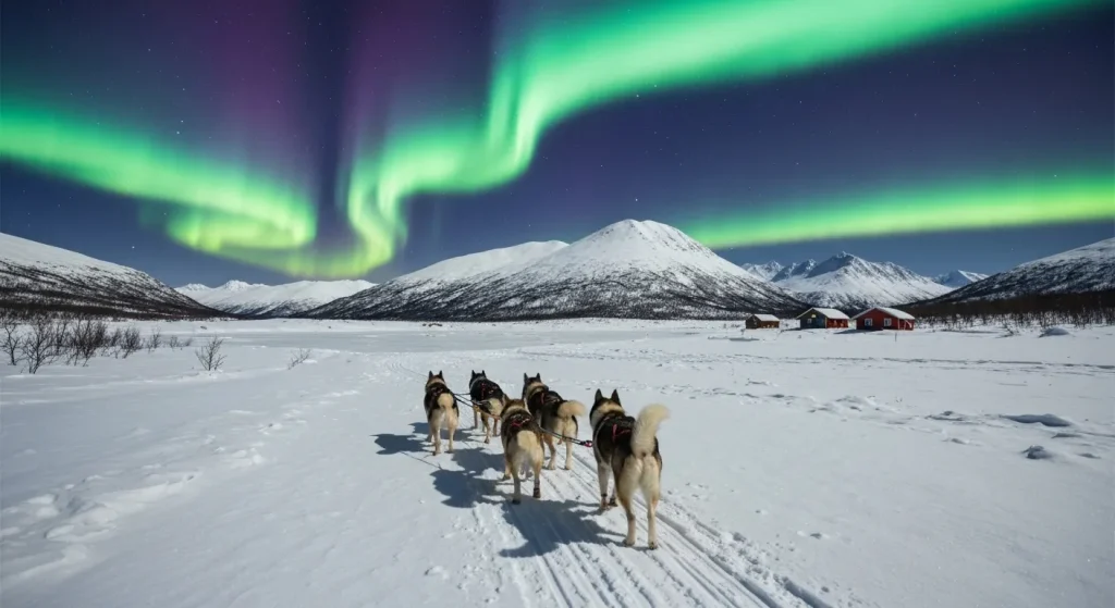 O sanie trasă de câini străbate un peisaj arctic înzăpezit, cu munți și un cer posibil cu aurora boreală în fundal.