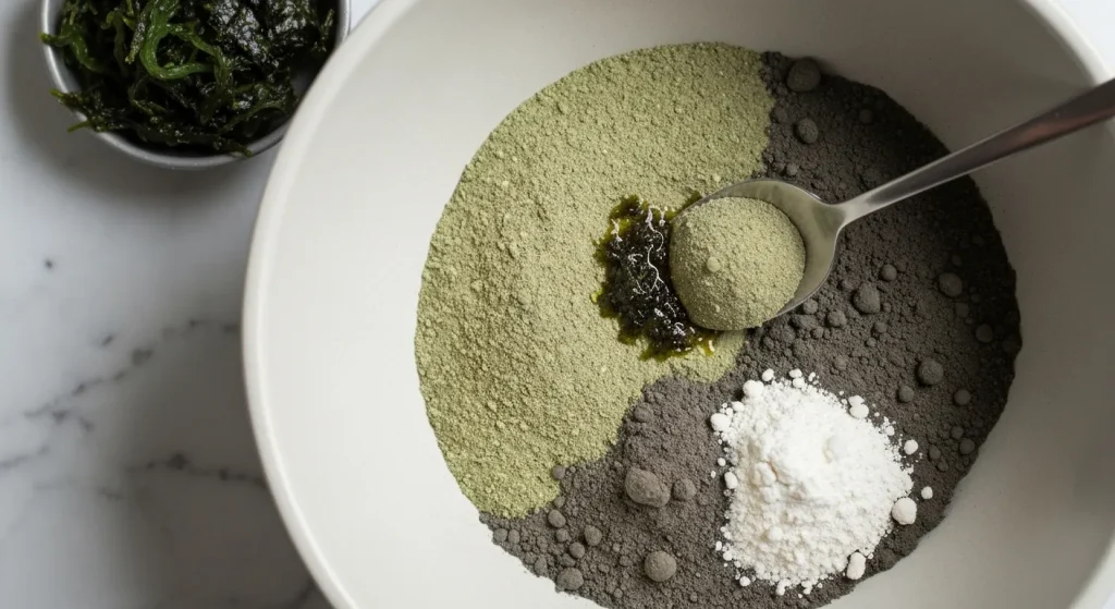 Ingrediente naturale, cum ar fi alge marine, argilă și uleiuri esențiale, sunt aranjate într-un bol pentru prepararea unei măști de păr.