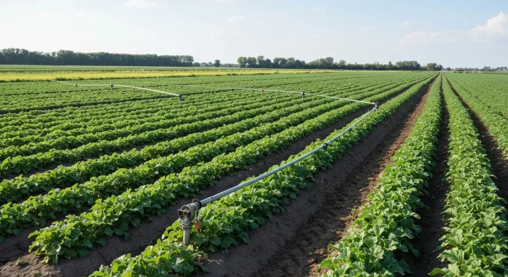 O fotografie ilustrând utilizarea eficientă a îngrășămintelor, irigații eficiente și culturi care consumă mai puțină apă pe un câmp agricol.