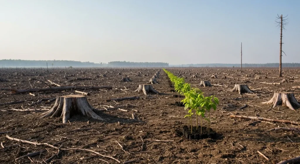 Un peisaj deforestant cu cioturi de copaci și câțiva puieți plantați recent.