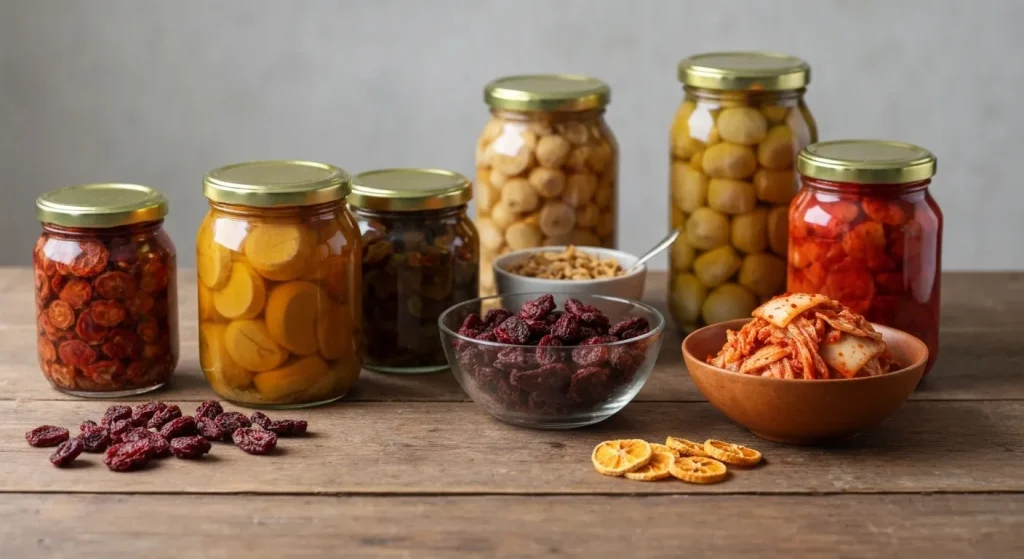 Borcane cu conserve, legume uscate și un castron cu kimchi fermentat pe o masă de bucătărie rustică.