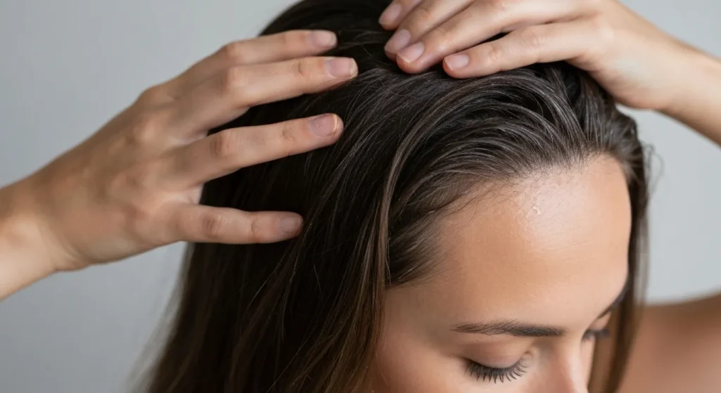 O femeie aplică un amestec de ulei de lavandă și ulei purtător pe scalp.