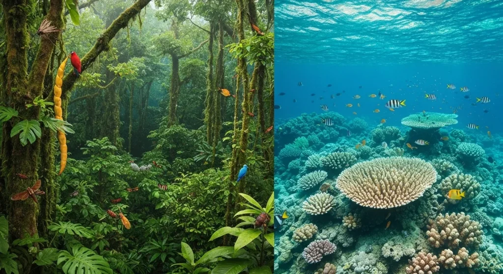 O pădure tropicală luxuriantă cu o mare diversitate de plante, insecte și păsări, lângă un recif de corali sănătos cu o abundență de viață marină.