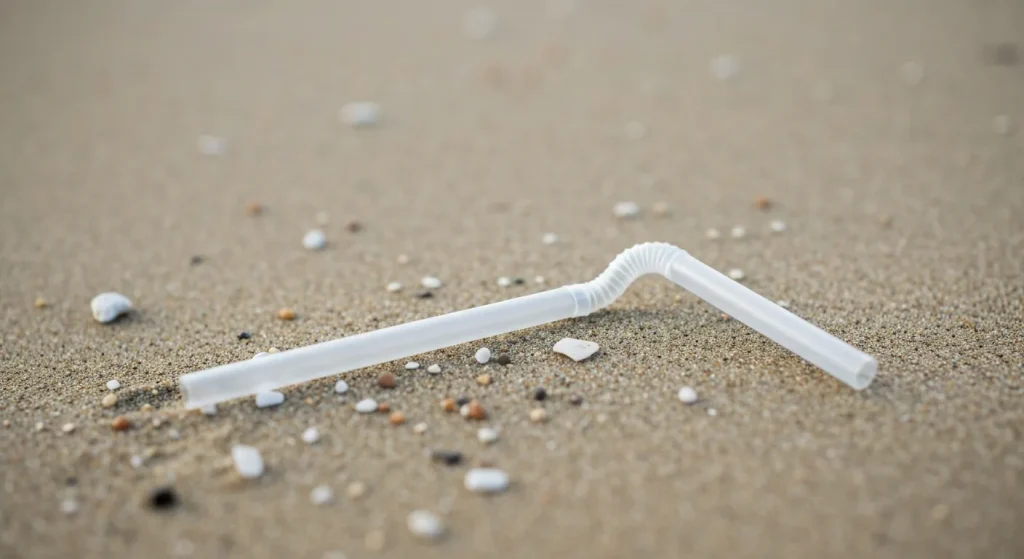 Un pai de plastic pe o plajă, printre nisip și alte deșeuri de plastic.