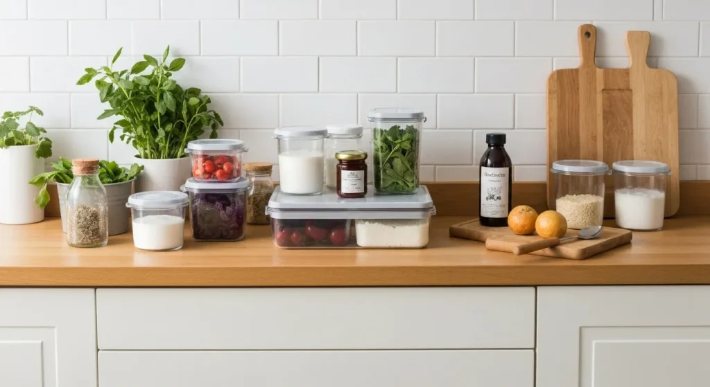 O bucătărie curată și organizată cu borcane de sticlă umplute cu produse alimentare vrac, un composter și legume proaspete.