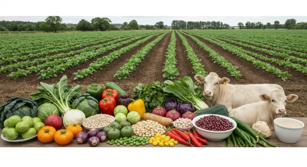 O imagine cu legume colorate, leguminoase, animale crescute în mod sustenabil și un câmp fertil, ilustrând practici agricole regeneratoare.
