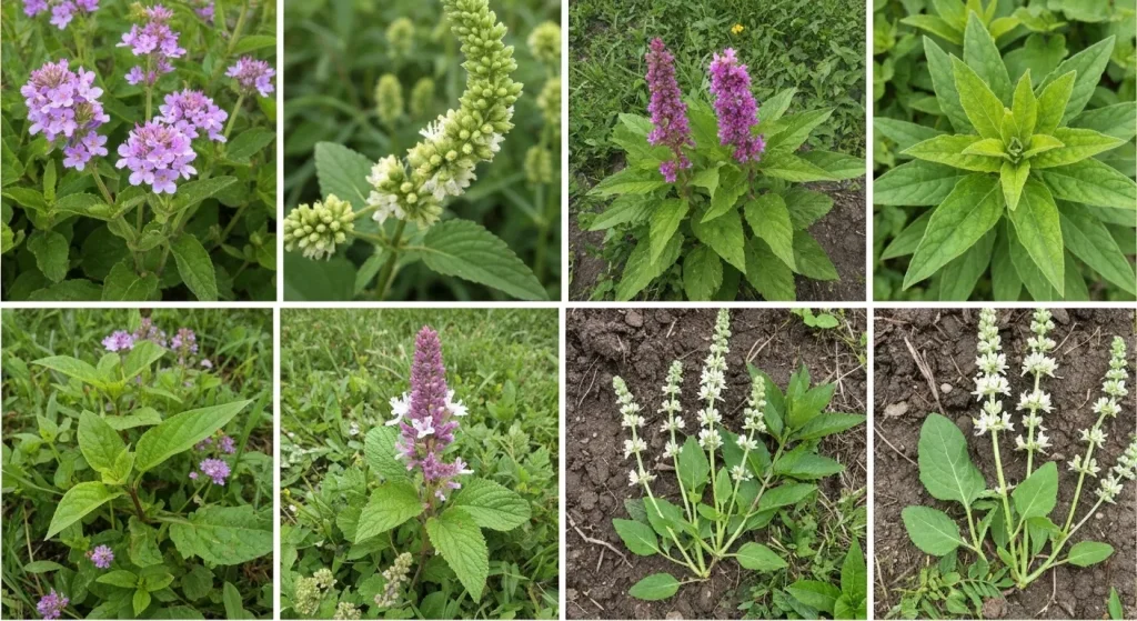 Diverse plante invazive comestibile, prezentate în detaliu, într-un peisaj natural.