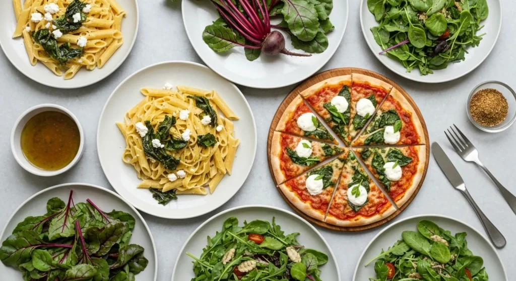 O fotografie cu diverse preparate culinare care includ frunze de sfeclă: paste, pizza și o salată.