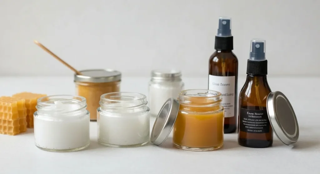 Diverse rețete deodorante naturale preparate acasă, prezentate în borcane și recipiente cu pulverizator.