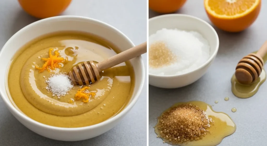 Un bol conține o mască facială homemade din ulei de măsline, miere, coajă de portocală, și vitamina E.