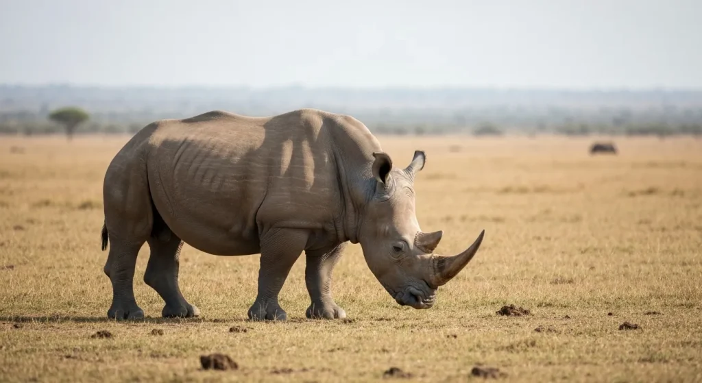 Un rinocer adult se hrănește pe o savană africană.