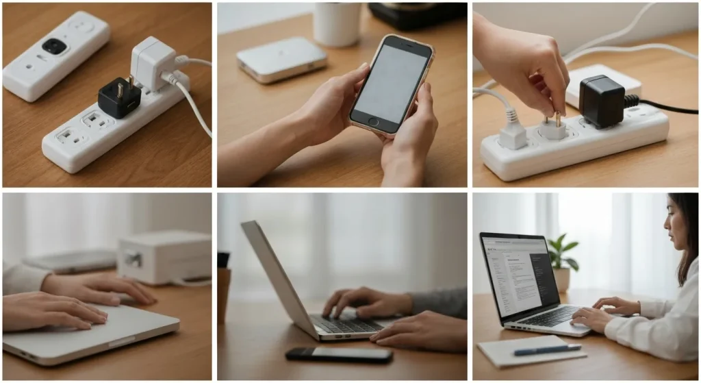 Imagini care ilustrează acțiuni simple pentru reducerea impactului tehnologic asupra mediului, cum ar fi deconectarea dispozitivelor, utilizarea unui telefon vechi și renunțarea la imprimantă.