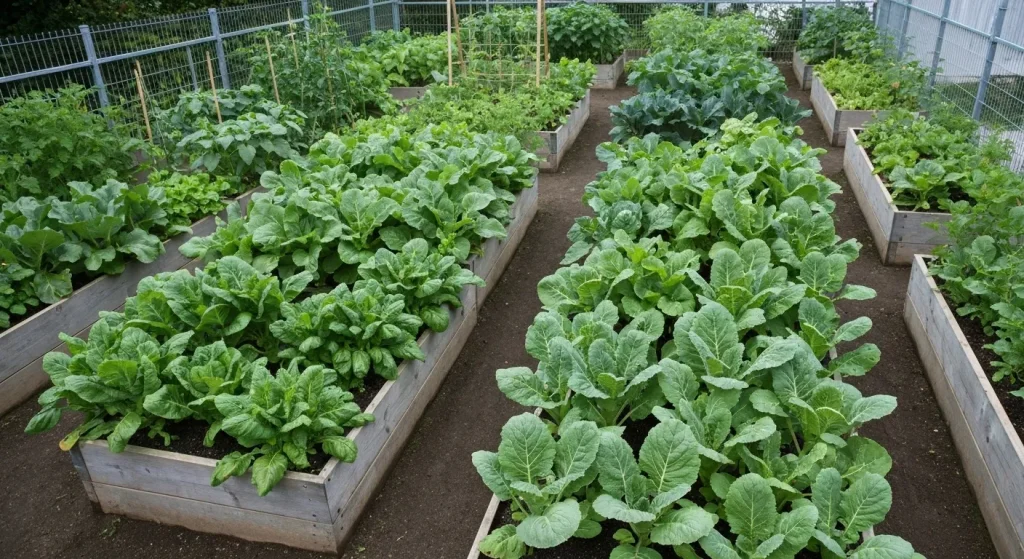 O grădină urbană productivă, cu legume diverse cultivate dens pe o suprafață mică.