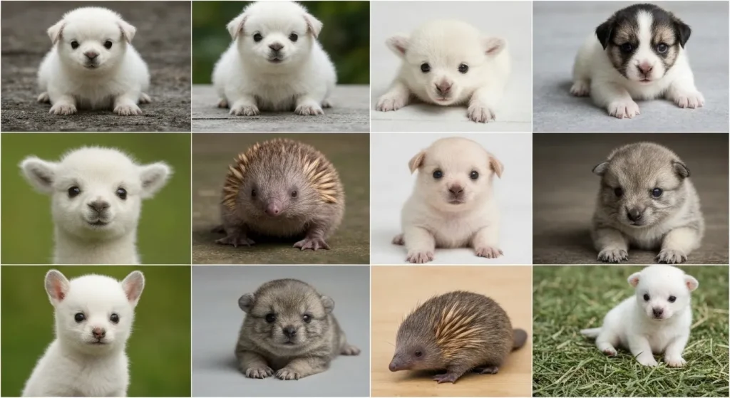 O imagine cu o varietate de pui de animale, inclusiv un cria, un puggle, un eyas și un puffling.