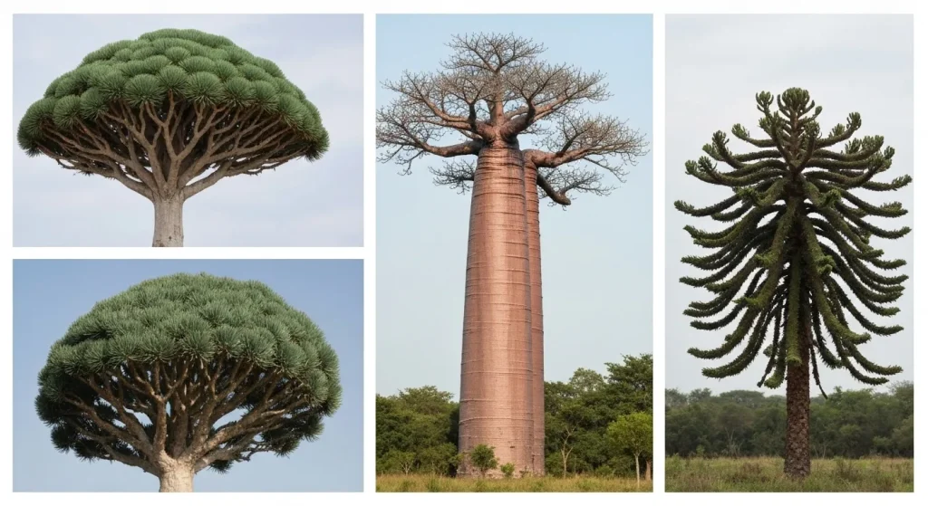 Imagini cu diverse specii de arbori amenințați, inclusiv arborele dragonului, baobabul Grandidier și arborele araucaria.