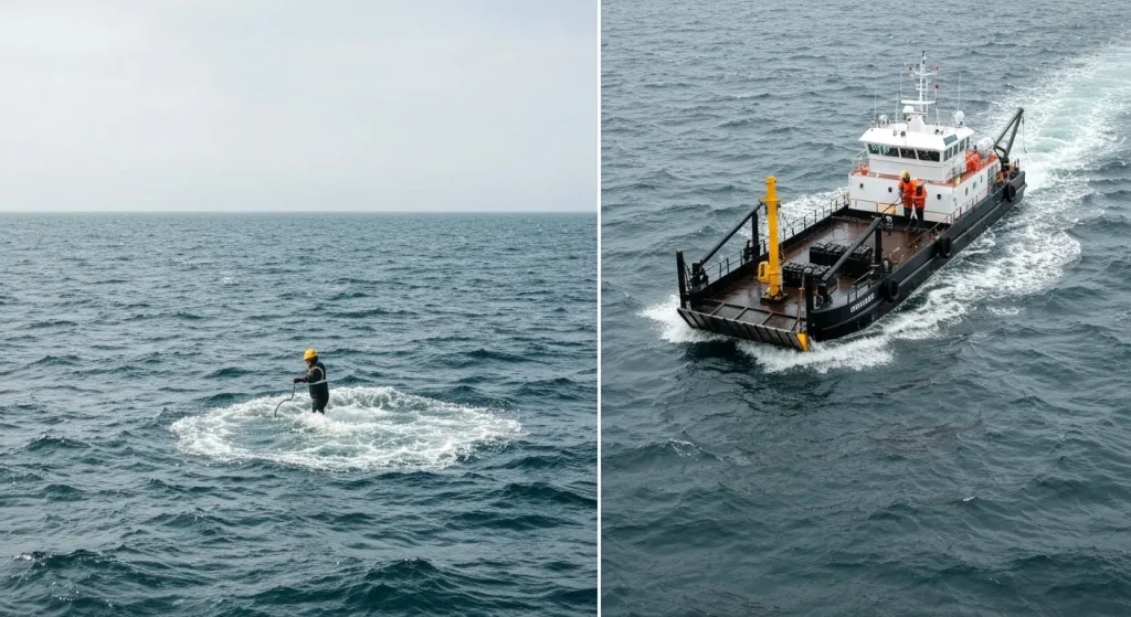 O barcă de colectare a petrolului de mare viteză operează pe o mare agitată, colectând pelicula de petrol de la suprafață.