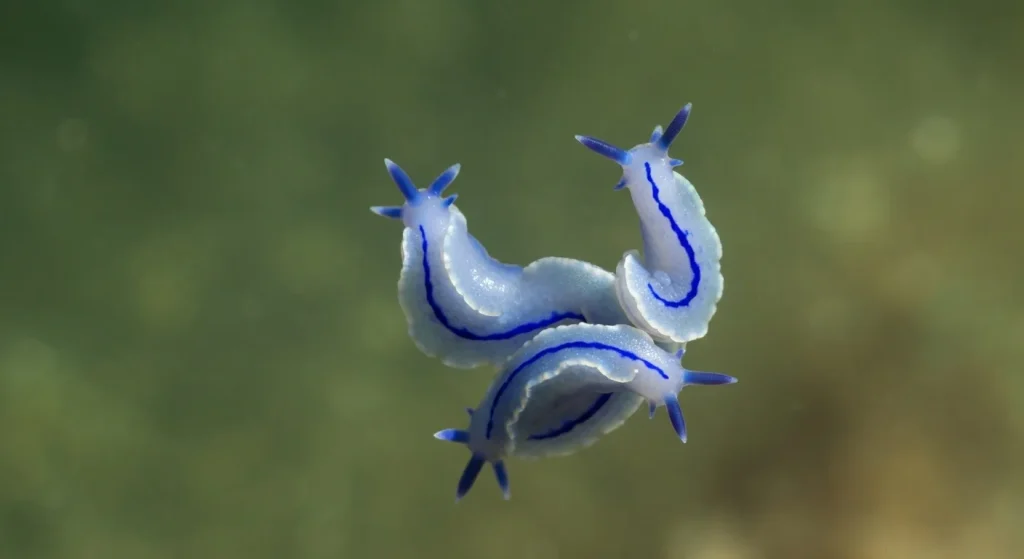 Un grup de Glaucus atlanticus, limacși de mare de culoare albastră, plutește la suprafața apei.