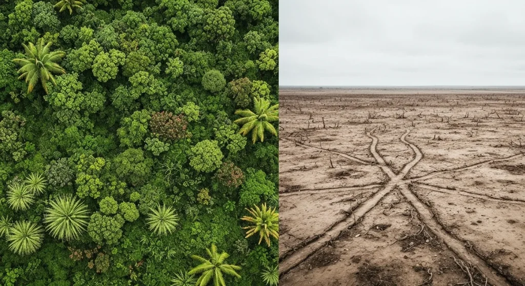 O imagine care prezintă o comparație între o zonă naturală bogată în biodiversitate și o zonă degradată din cauza activității umane.