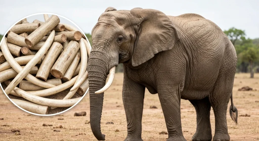 Un elefant african în habitatul său natural, lângă o grămadă de colți de fildeș confiscați.