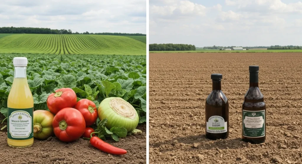O comparație vizuală între agricultura ecologică, care sechestrează carbonul în sol, și agricultura industrială, care contribuie la emisiile de gaze cu efect de seră.