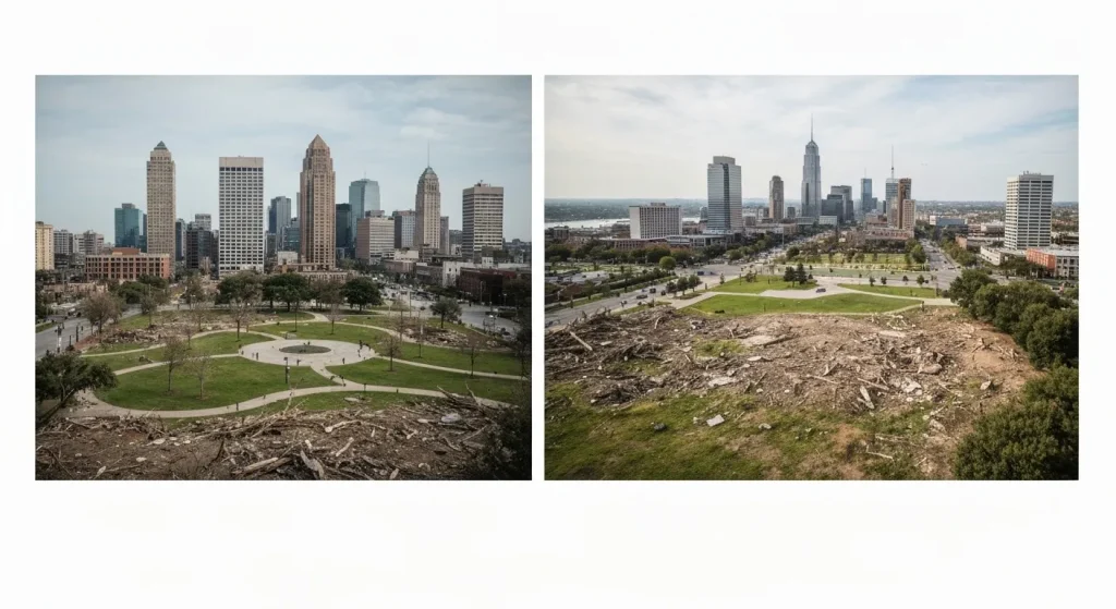 Imagini ale unor orașe americane distruse de dezastre naturale, dar reconstruite ulterior, demonstrând reziliența umană.