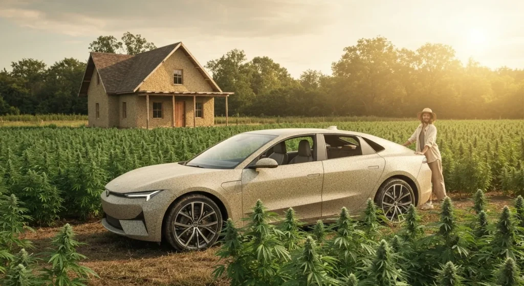 O mașină electrică modernă, de culoare deschisă, parcata într-un câmp de plante de cânepă, cu o casă din hempcrete în fundal.