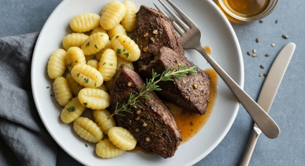 Un preparat culinar cu confit de mistreț, gnocchi din cartofi și o glazură de arțar.