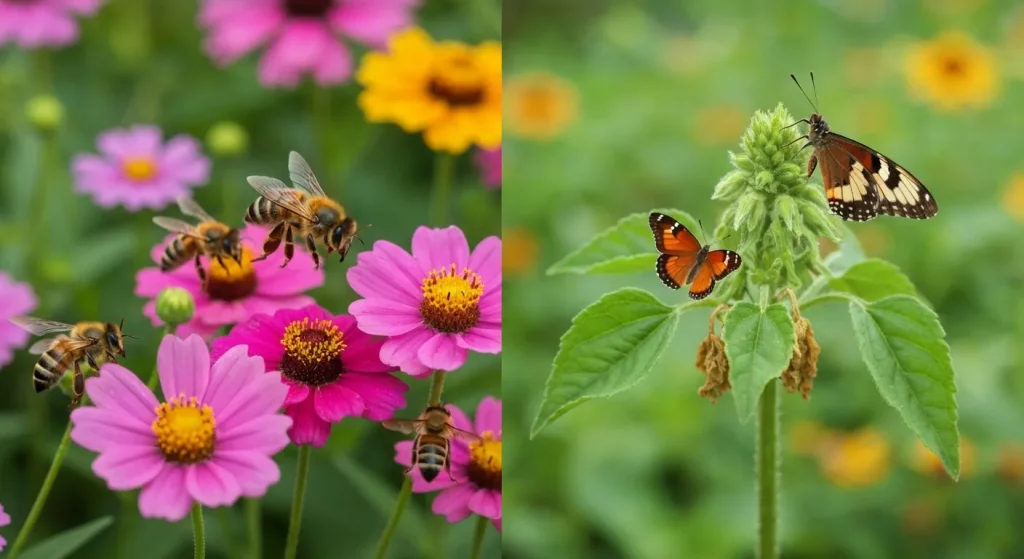 O grădină bogată în flori diverse, cu albine și fluturi hrănindu-se din nectar.