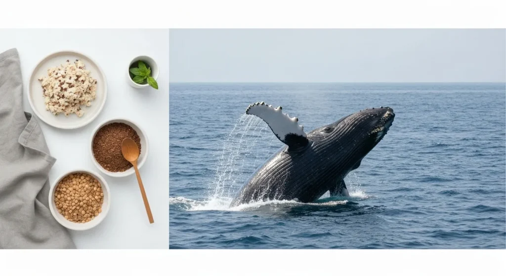 O balenă cu cocoașă sare din apă, cu o fundal de ocean albastru vast.