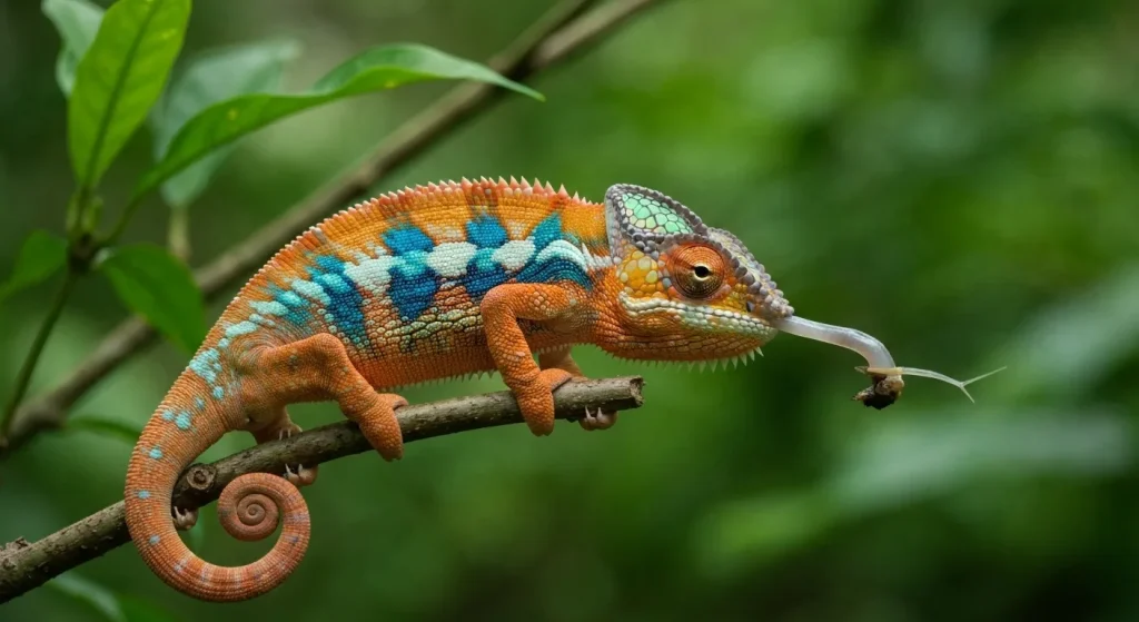 Un cameleon viu colorat, cu coada prehensilă înfășurată în jurul unei ramuri, pe un fundal de vegetație tropicală.