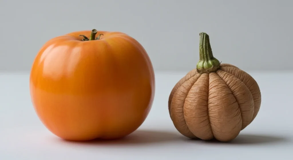 O comparație între un fruct sau o legumă modernă și strămoșul său, evidențiind diferențele de dimensiune, formă și culoare.