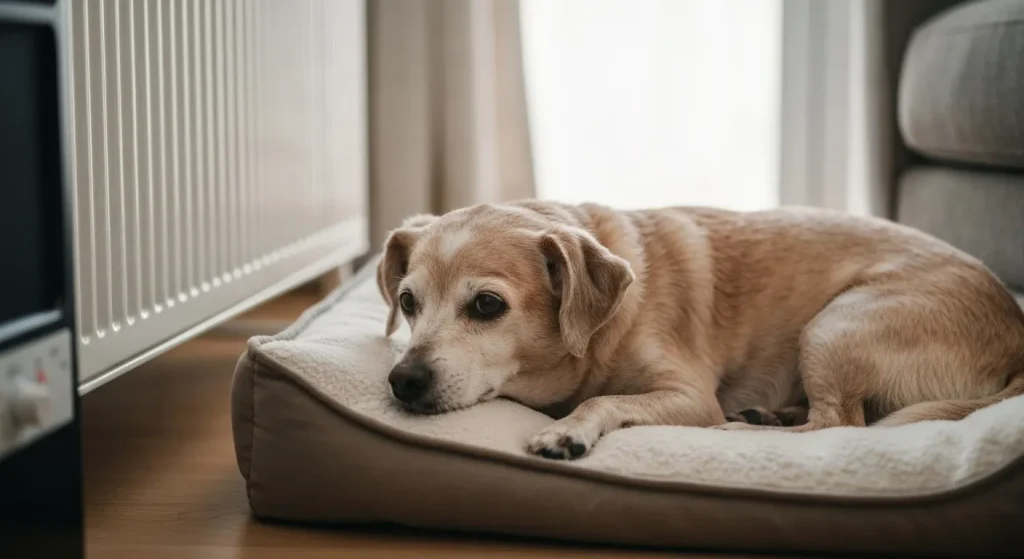 Un câine bătrân se odihnește pe un pat cald și confortabil, lângă o sursă de căldură.