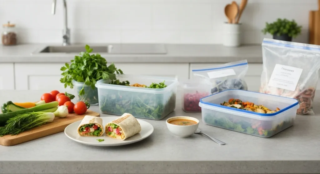 Bucătărie cu resturi de mâncare în recipiente reutilizabile, legume proaspete și congelate, evidențiind gestionarea eficientă a alimentelor pentru a reduce risipa.