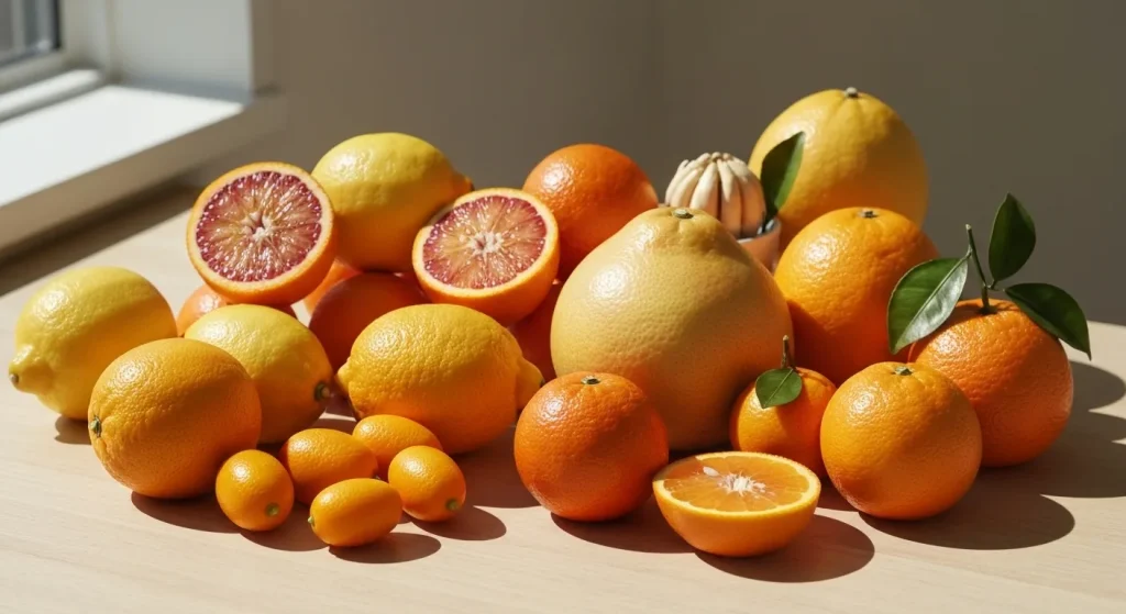 O varietate de citrice de iarnă, inclusiv lămâi Meyer, portocale sanguine, kumquats, mâna lui Buddha, pomelos, satsume și portocale Cara Cara, aranjate pe o suprafață.
