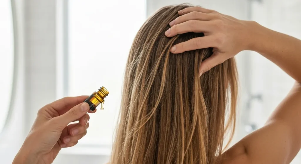 O femeie aplică ulei de argan pe părul ei, concentrându-se pe vârfuri.