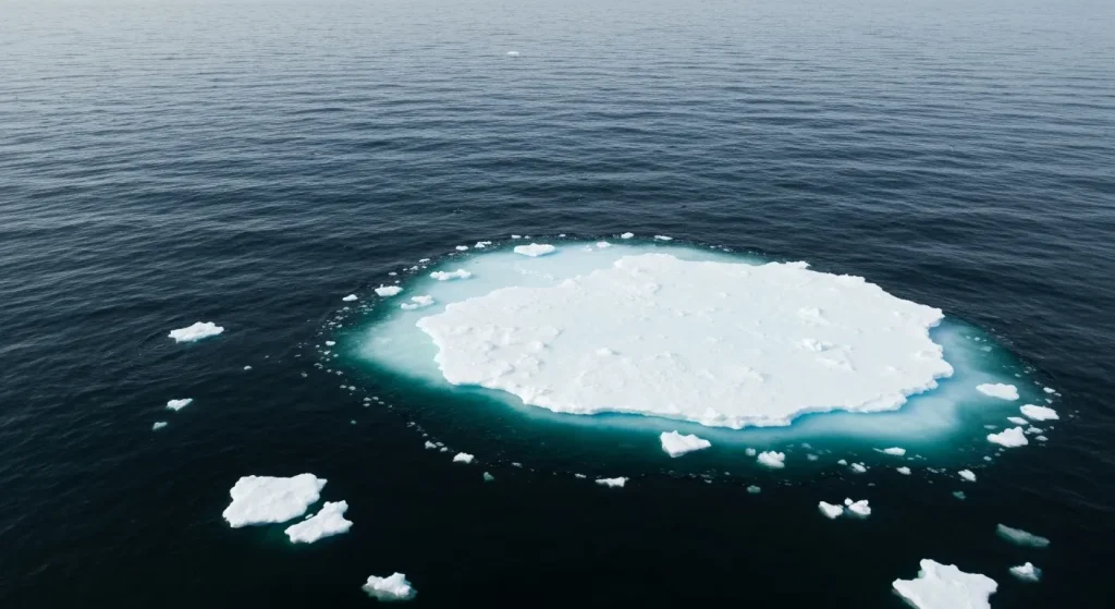 Imaginea prezintă o suprafață vastă de apă oceanică întunecată, cu mici bucăți de gheață marină albă și fragmentată.